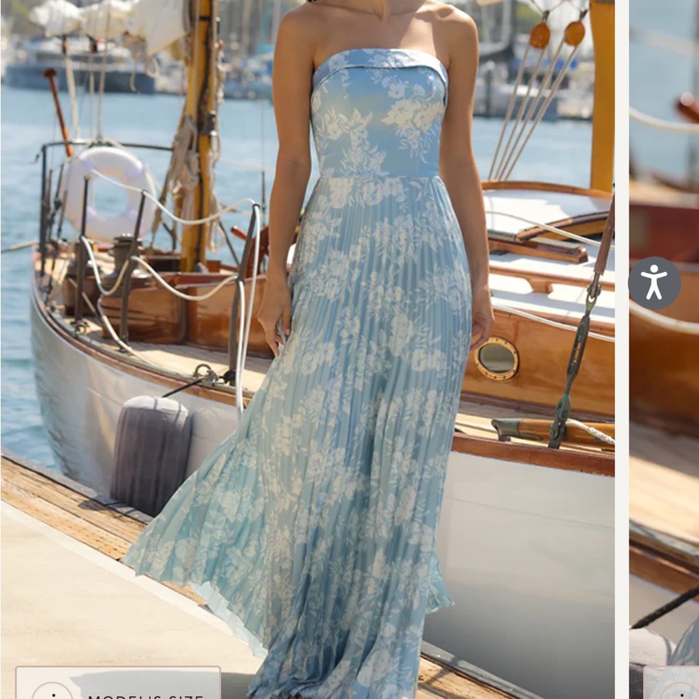 Elegant Blue Floral Strapless Dress Revelry Saylor Satin Pleated